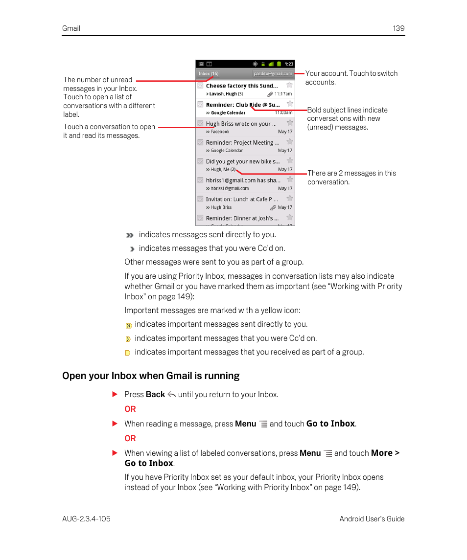 Open your inbox when gmail is running | Google ANDROID 2.3.4 User Manual | Page 139 / 384