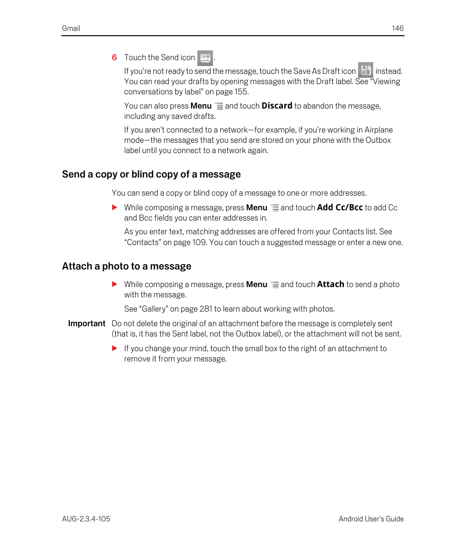 Send a copy or blind copy of a message, Attach a photo to a message | Google ANDROID 2.3.4 User Manual | Page 146 / 384