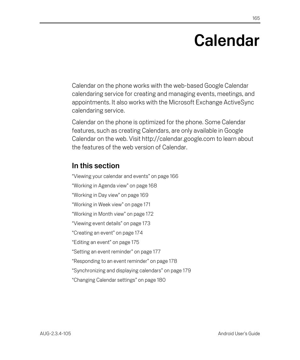 Calendar, Calendar 165 | Google ANDROID 2.3.4 User Manual | Page 165 / 384