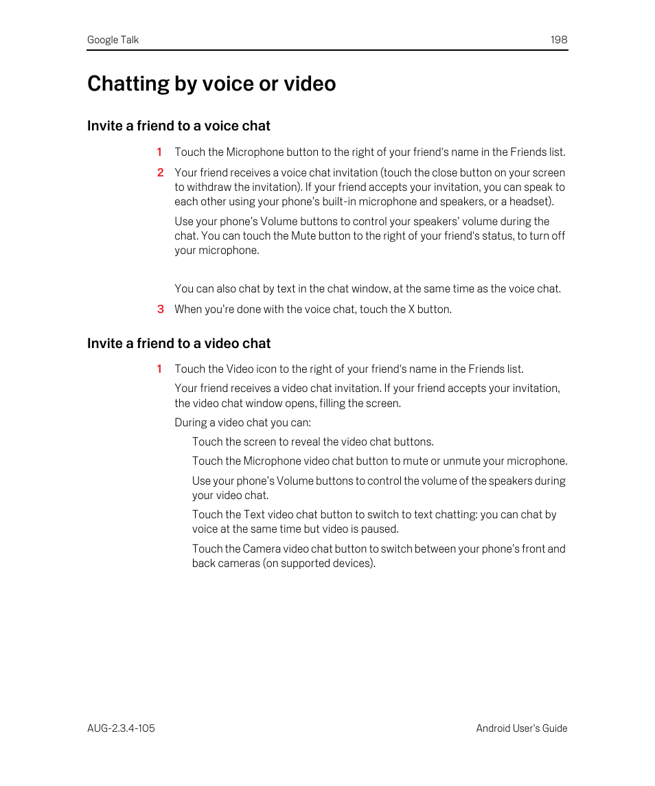 Chatting by voice or video, Invite a friend to a voice chat, Invite a friend to a video chat | Chatting by voice or video 198 | Google ANDROID 2.3.4 User Manual | Page 198 / 384