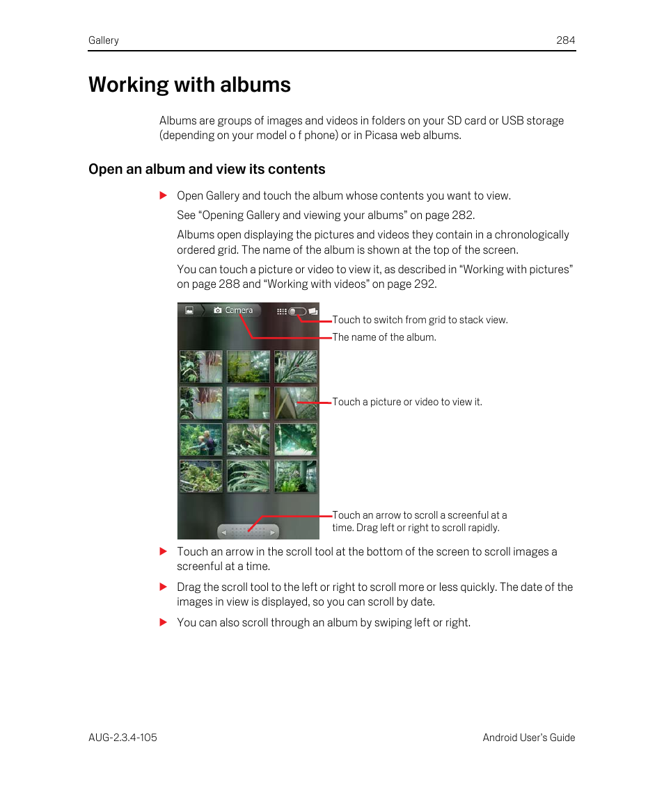 Working with albums, Open an album and view its contents, Working with albums 284 | Google ANDROID 2.3.4 User Manual | Page 284 / 384