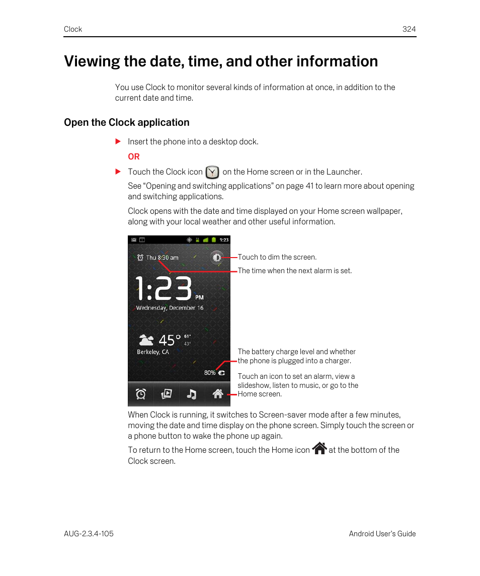 Viewing the date, time, and other information, Open the clock application, Viewing the date, time, and other information 324 | Google ANDROID 2.3.4 User Manual | Page 324 / 384