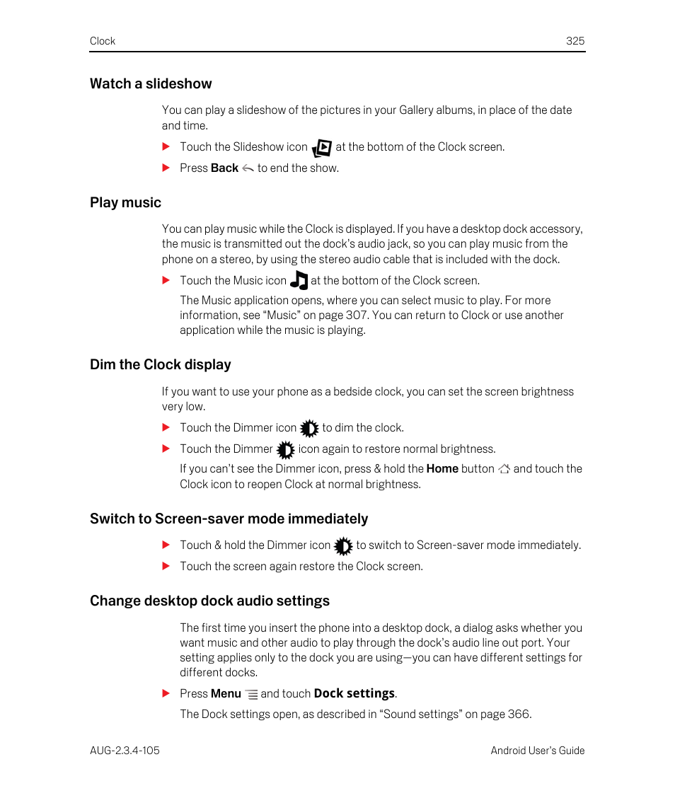Watch a slideshow, Play music, Dim the clock display | Switch to screen-saver mode immediately, Change desktop dock audio settings | Google ANDROID 2.3.4 User Manual | Page 325 / 384