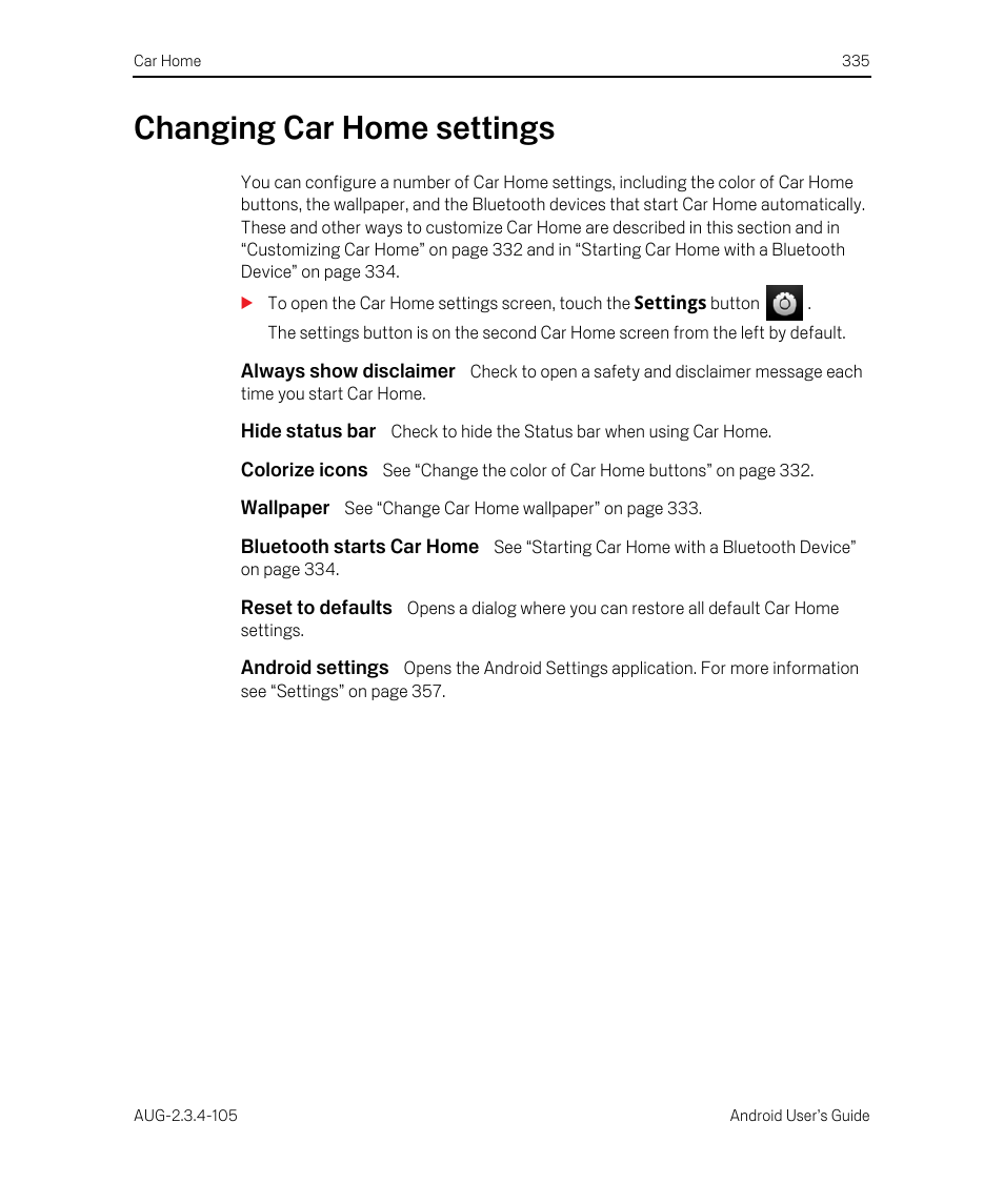 Changing car home settings, Always show disclaimer, Hide status bar | Colorize icons, Wallpaper, Bluetooth starts car home, Reset to defaults, Android settings, Changing car home settings 335 | Google ANDROID 2.3.4 User Manual | Page 335 / 384