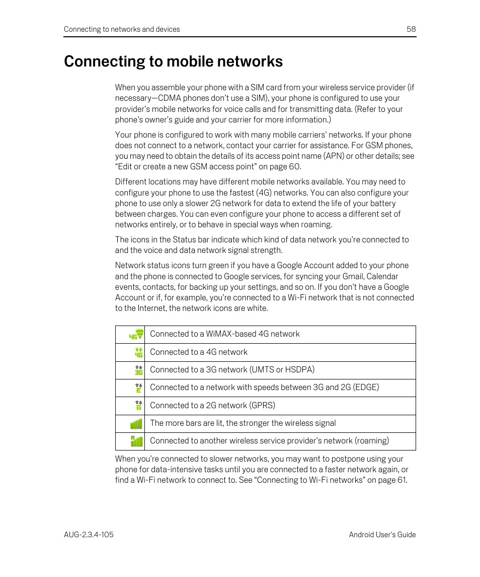 Connecting to mobile networks, Connecting to mobile networks 58 | Google ANDROID 2.3.4 User Manual | Page 58 / 384