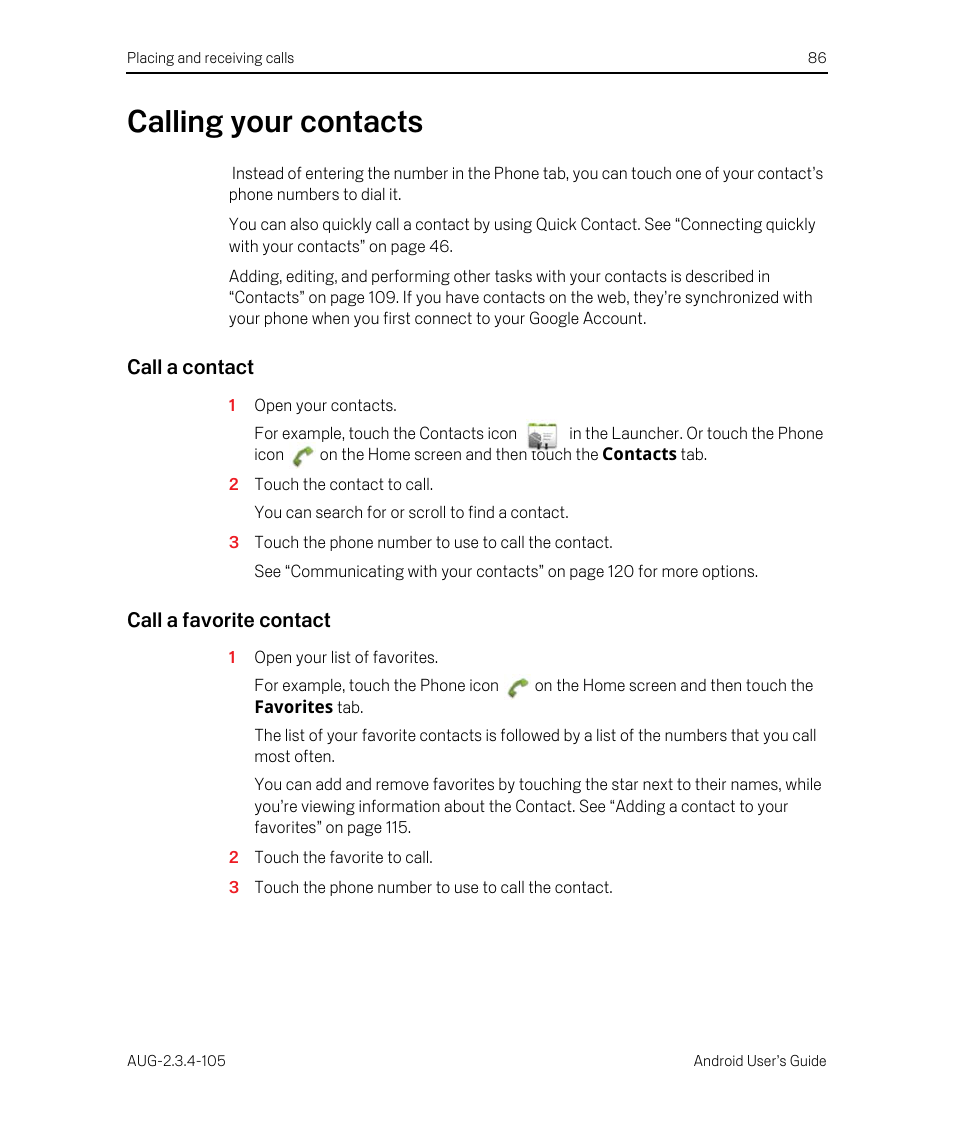 Calling your contacts, Call a contact, Call a favorite contact | Calling your contacts 86 | Google ANDROID 2.3.4 User Manual | Page 86 / 384