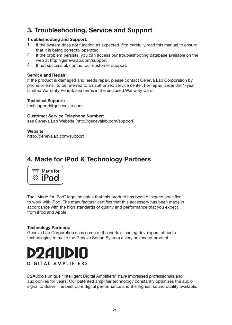 Troubleshooting, service and support, Made for ipod & technology partners | Geneva Lab SOUNDS SYSTEM L User Manual | Page 21 / 22