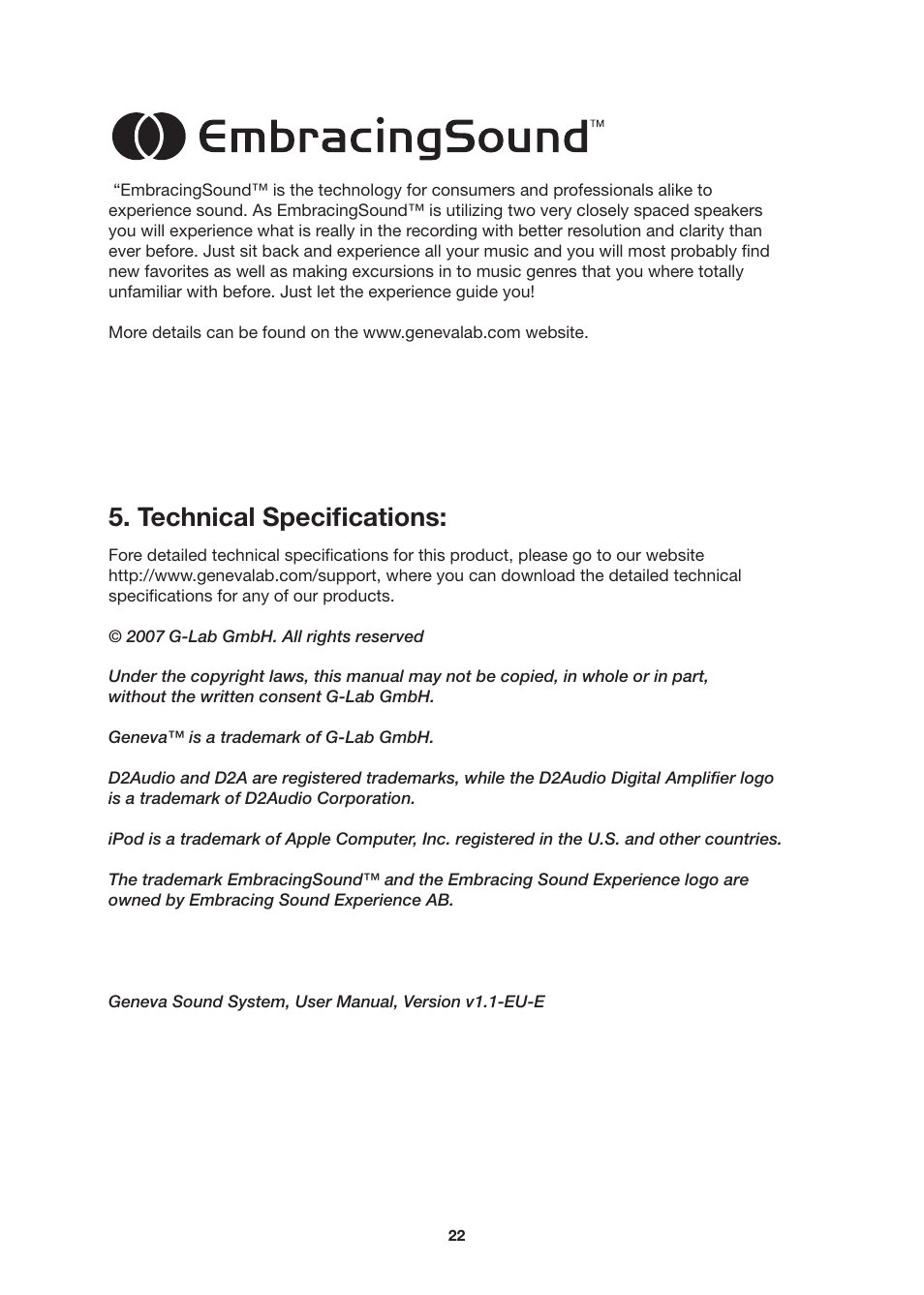 Technical speciﬁcations | Geneva Lab SOUNDS SYSTEM L User Manual | Page 22 / 22