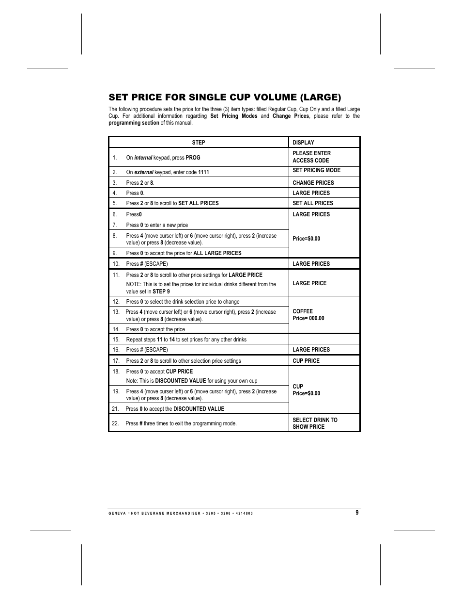 Large), Set price for single cup volume (large) | Geneva Lab FRESH BREW 3206 User Manual | Page 11 / 30