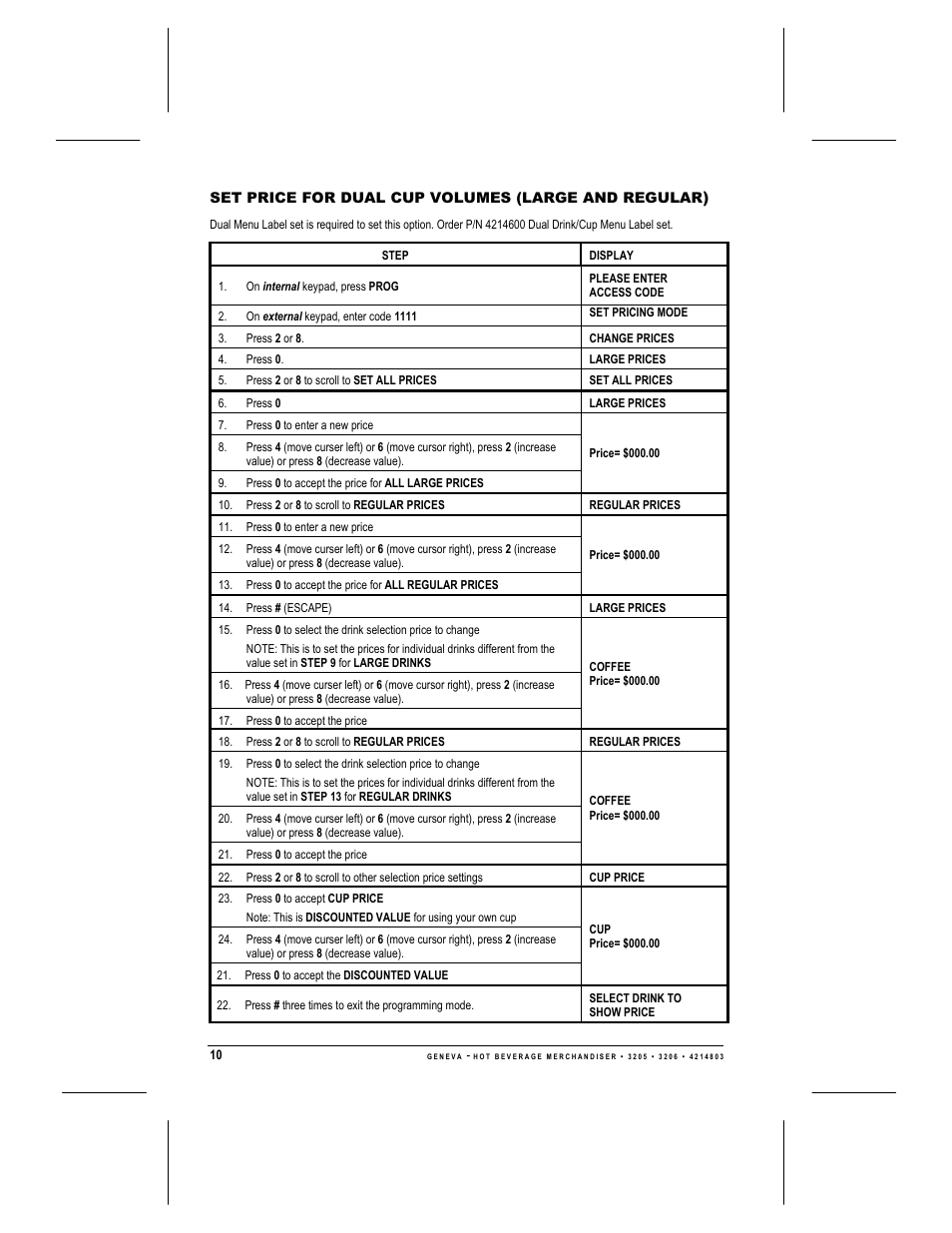 Set price for dual cup volumes (large and regular) | Geneva Lab FRESH BREW 3206 User Manual | Page 12 / 30
