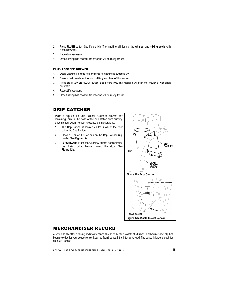 Flush coffee brewer, Drip catcher, Merchandiser record | Geneva Lab FRESH BREW 3206 User Manual | Page 17 / 30