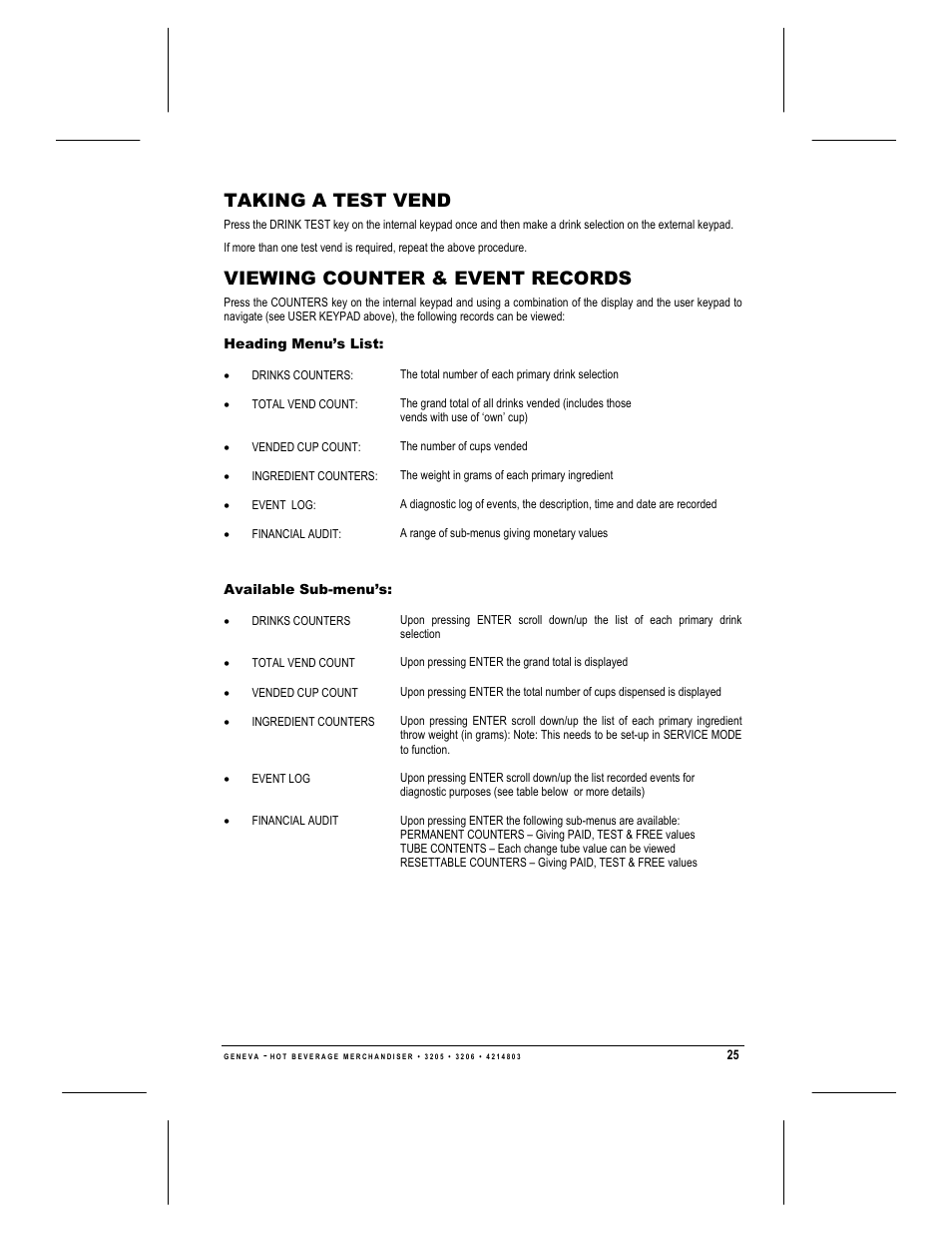 Taking a test vend, Viewing counter & event records, Heading menu’s list | Available sub-menu’s | Geneva Lab FRESH BREW 3206 User Manual | Page 27 / 30