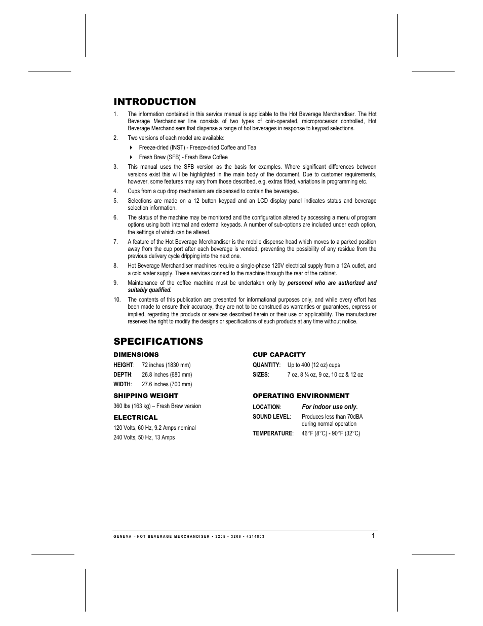 Introduction, Specifications | Geneva Lab FRESH BREW 3206 User Manual | Page 3 / 30