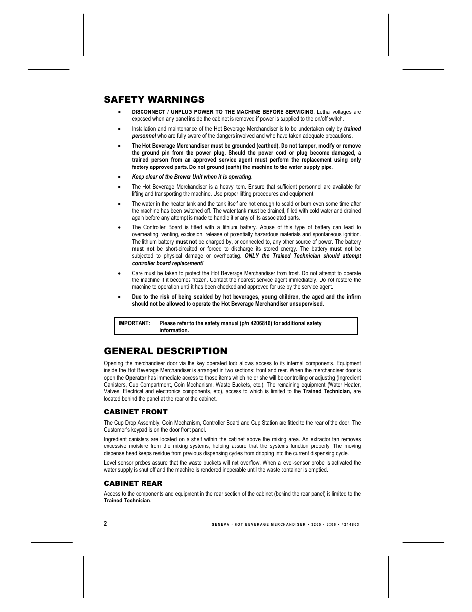 Safety warnings, General description, Cabinet front | Cabinet rear | Geneva Lab FRESH BREW 3206 User Manual | Page 4 / 30