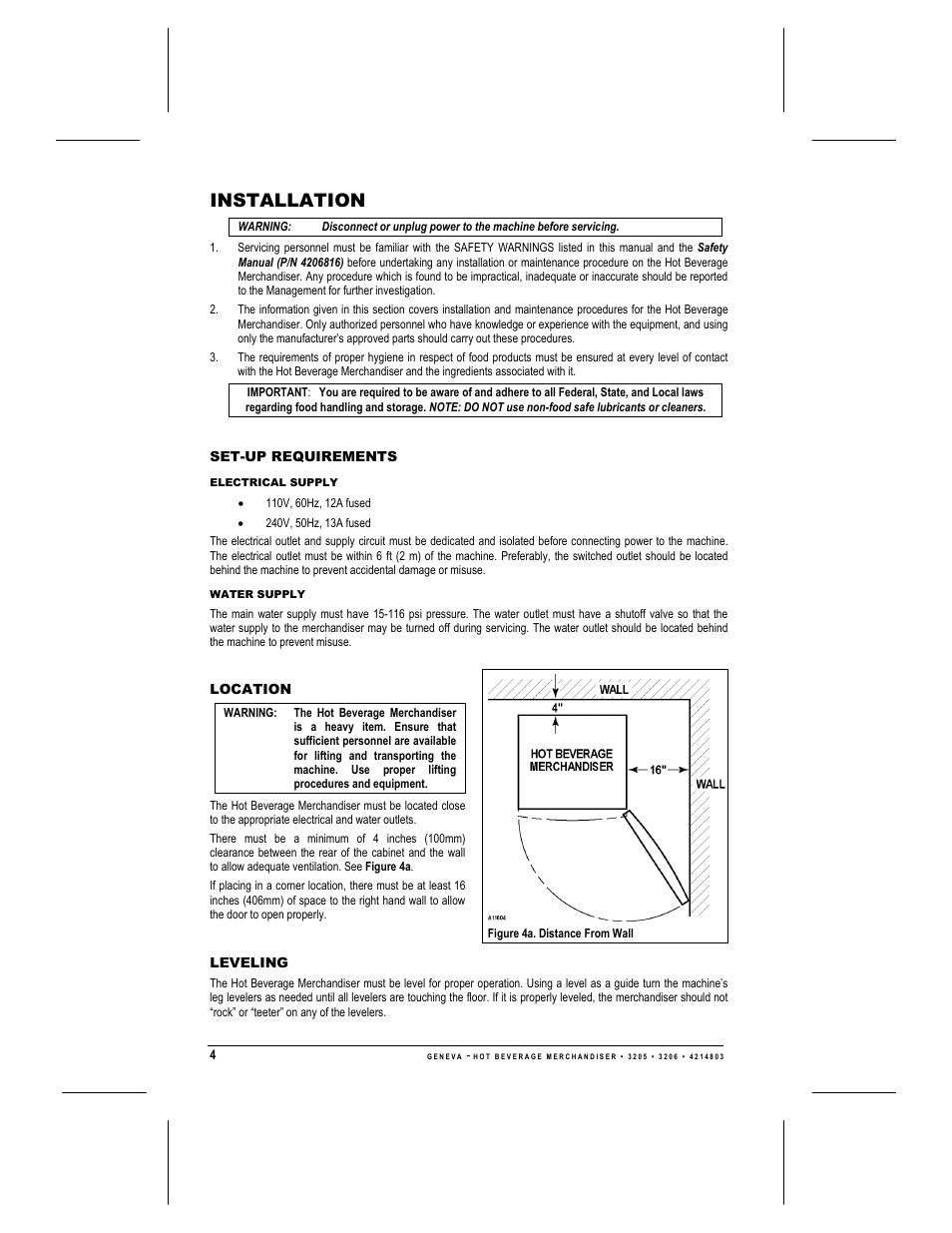 Installation, Set-up requirements, Electrical supply | Water supply, Location, Leveling | Geneva Lab FRESH BREW 3206 User Manual | Page 6 / 30