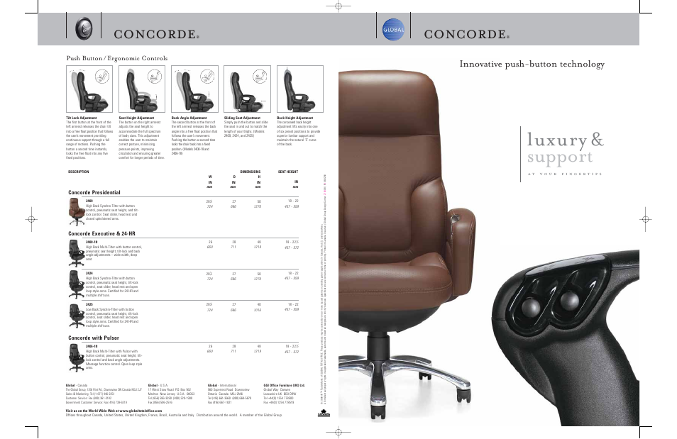 Luxury & support, Concorde, Innovative push-button technology | Push button / ergonomic controls, Concorde presidential, Concorde executive & 24-hr, Concorde with pulsor | Global Upholstery Co. 2424 User Manual | Page 5 / 5