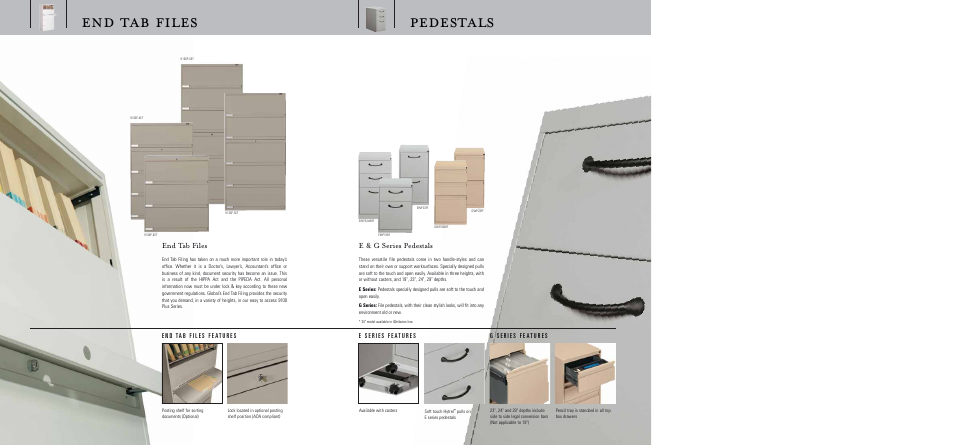 Pedestals, End tab files, E & g series pedestals | Global Upholstery Co. Filing & Storage User Manual | Page 8 / 13