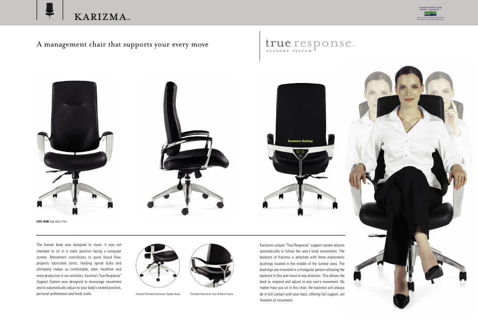 True response, Karizma, A management chair that supports your every move | Global Upholstery Co. Karizma 2761-4LM User Manual | Page 2 / 3