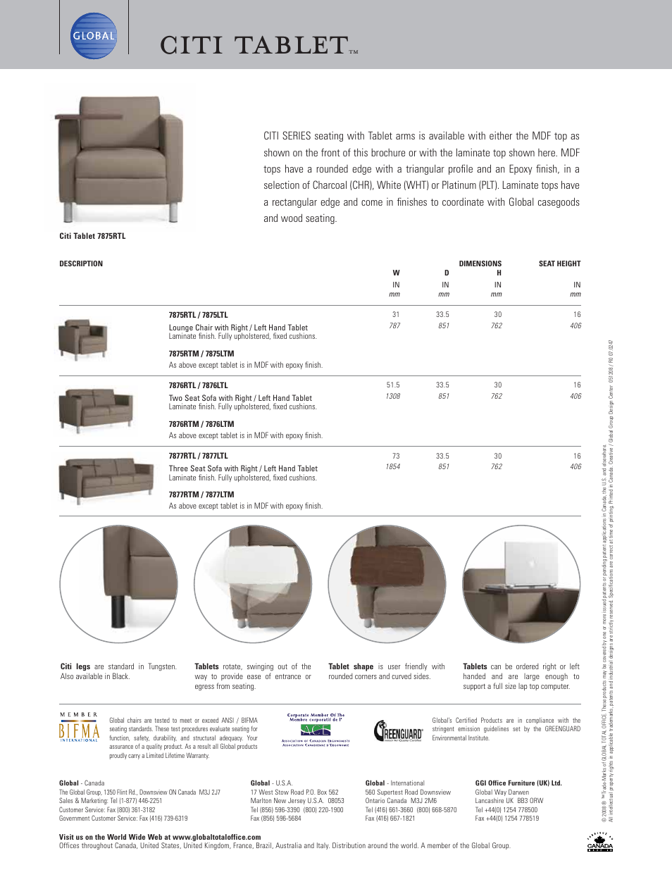 Citi tablet | Global Upholstery Co. Citi Tablet 7877LTL User Manual | Page 2 / 2