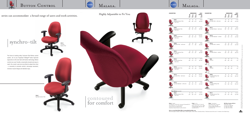 Synchro-tilt, Contoured, Comfort | Malaga, Button control, Highly adjustable to fit you | Global Upholstery Co. Armchair User Manual | Page 2 / 4