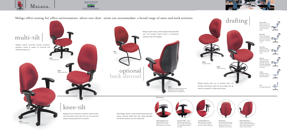 Multi, Tilt knee, Tilt | Drafting, Optional back shroud, Malaga | Global Upholstery Co. Armchair User Manual | Page 3 / 4