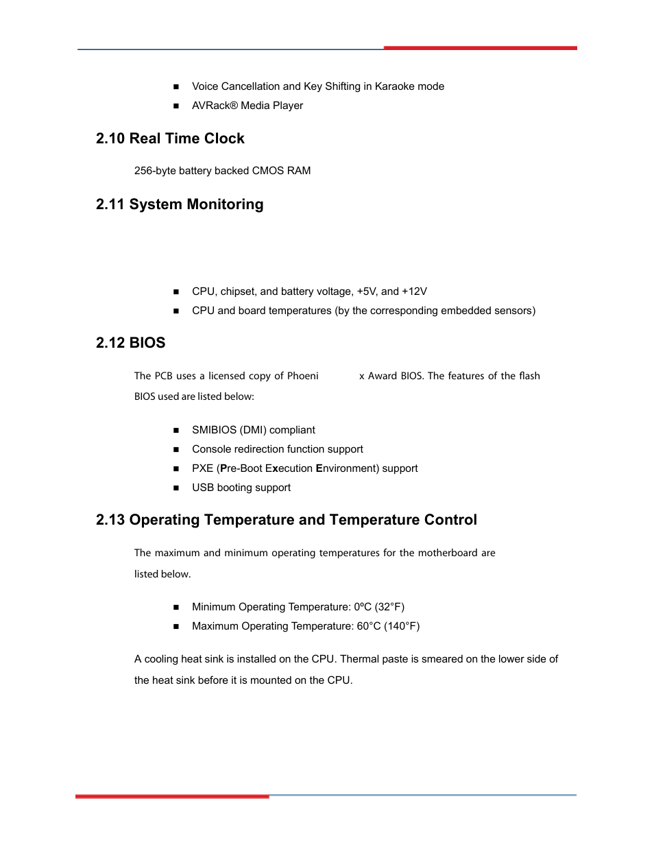 Real time clock, System monitoring, Bios | Operating temperature and temperature control, 10 real time clock, 11 system monitoring, 12 bios, 13 operating temperature and temperature control | Global Upholstery Co. 2801330 User Manual | Page 21 / 76