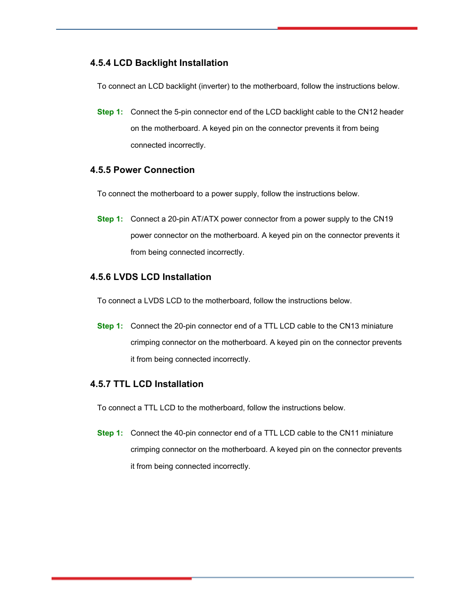 Lcd backlight installation, Power connection, Lvds lcd installation | Ttl lcd installation | Global Upholstery Co. 2801330 User Manual | Page 68 / 76