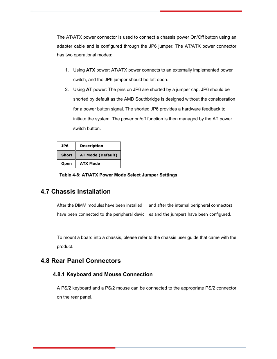 Chassis installation, Rear panel connectors, Keyboard and mouse connection | Table 4-8, 7 chassis installation, 8 rear panel connectors | Global Upholstery Co. 2801330 User Manual | Page 74 / 76