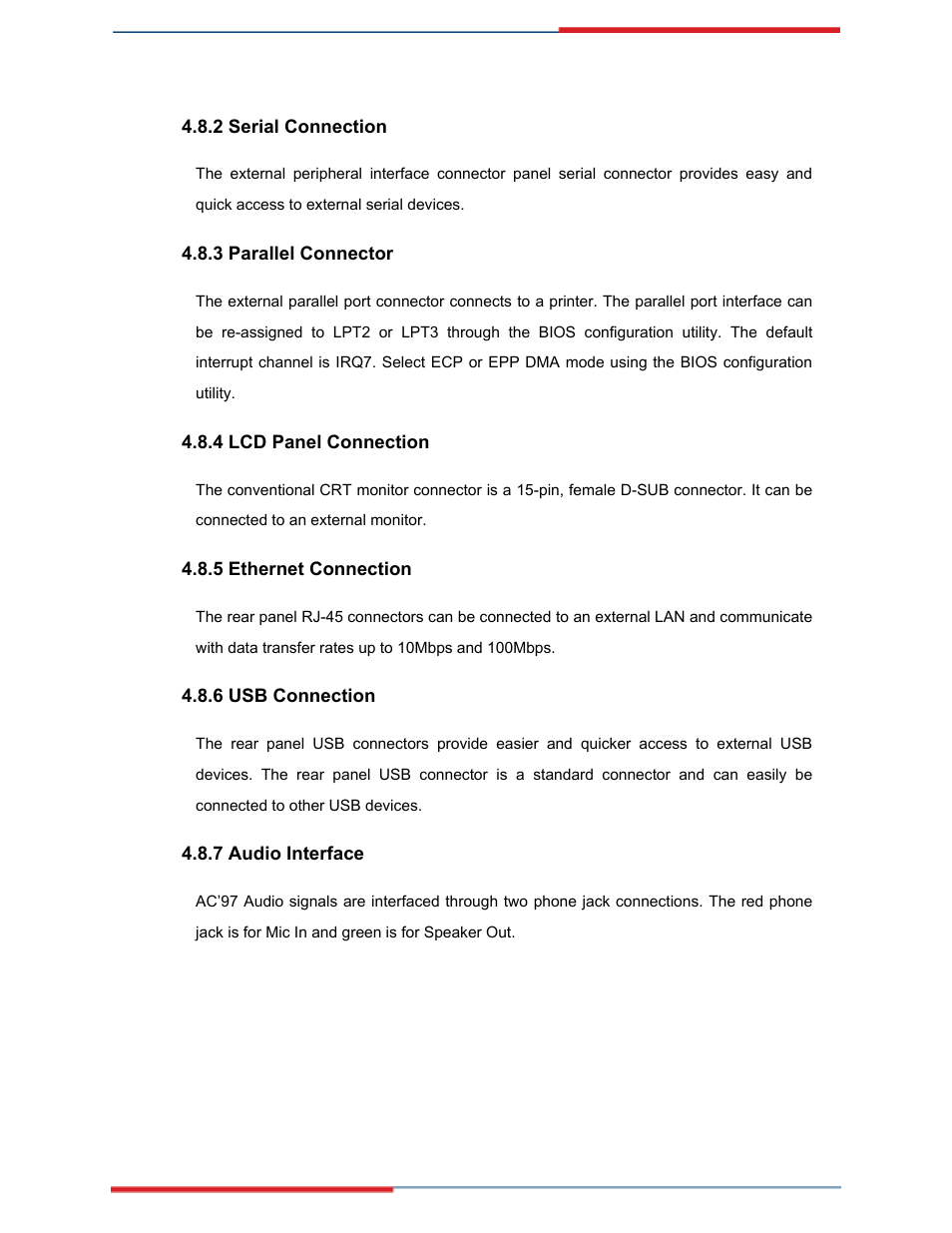 Serial connection, Parallel connector, Lcd panel connection | Ethernet connection, Usb connection, Audio interface | Global Upholstery Co. 2801330 User Manual | Page 75 / 76