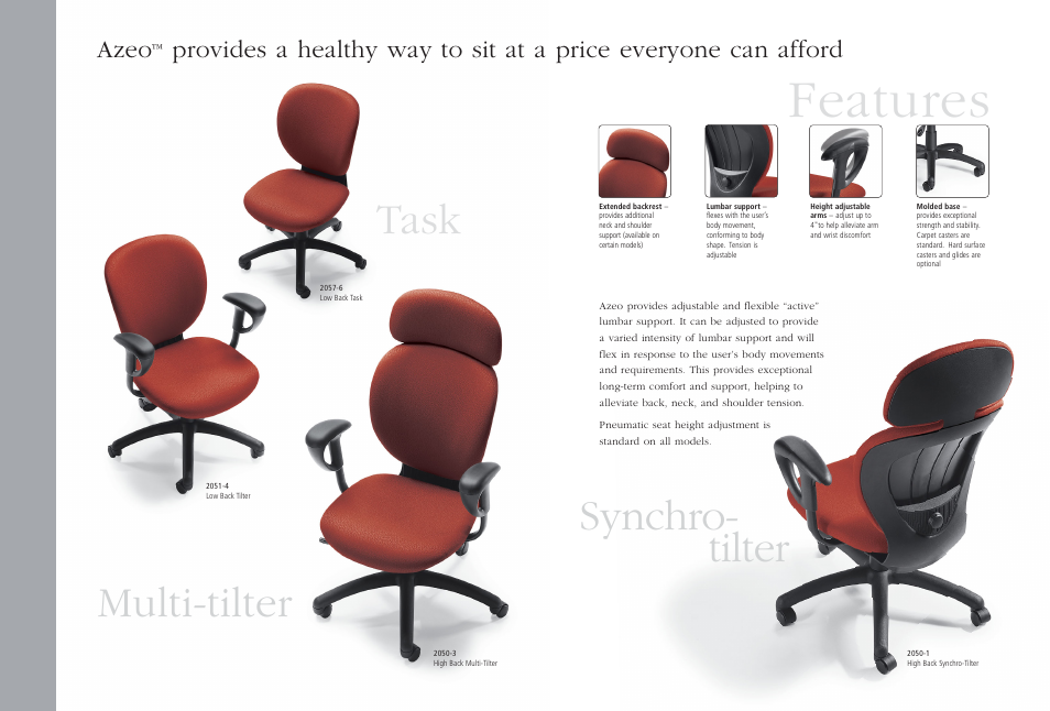 Features, Task, Synchro- tilter | Multi-tilter, Azeo | Global Upholstery Co. Azeo 2057-6 User Manual | Page 2 / 3