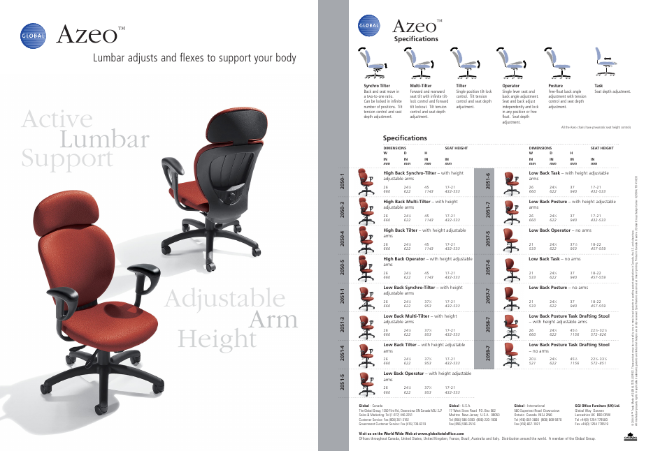 Support active lumbar adjustable arm height, Azeo, Lumbar adjusts and flexes to support your body | Global Upholstery Co. Azeo 2057-6 User Manual | Page 3 / 3