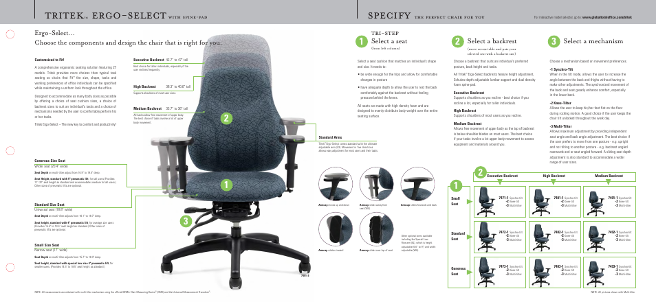 Specify, Tritek, Ergo-select | Select a mechanism, Select a backrest, Tri-step select a seat, The perfect chair for you, With spine-pad | Global Upholstery Co. Tritek Ergonomic Chair User Manual | Page 3 / 4