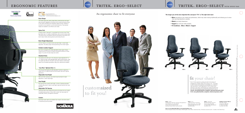 Custom sized to fit you, Ergonomic features tritek, Ergo-select | Fit your chair, Tritek, An ergonomic chair to fit everyone, With spine-pad | Global Upholstery Co. Tritek Ergonomic Chair User Manual | Page 4 / 4