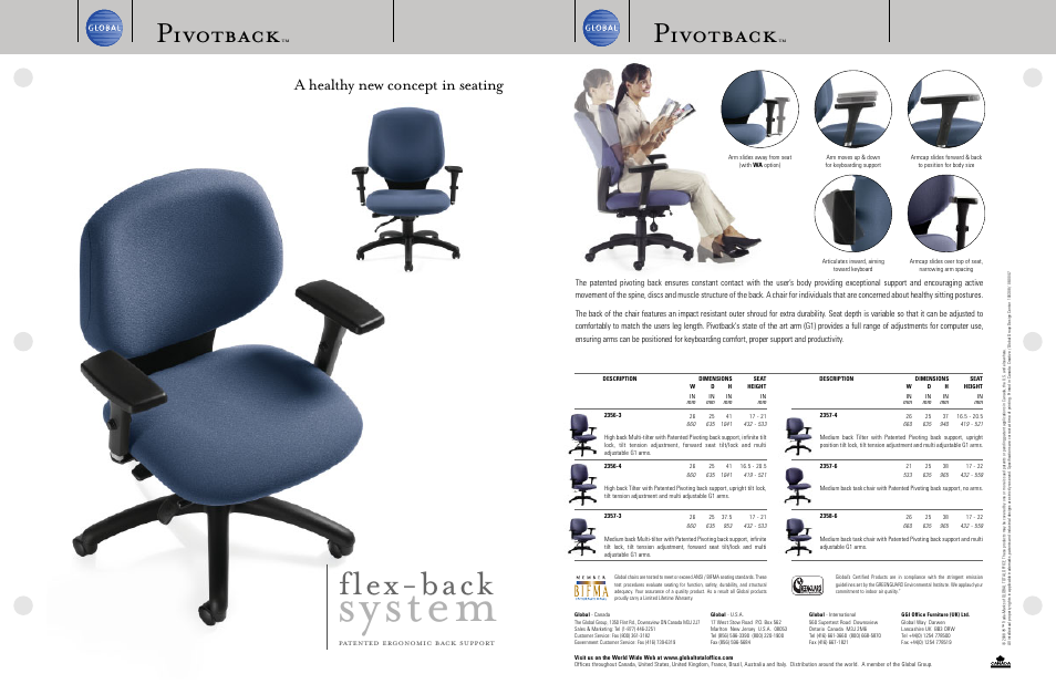 System, Flex-back, Pivotback | A healthy new concept in seating, Patented ergonomic back support | Global Upholstery Co. Pivotback User Manual | Page 2 / 2