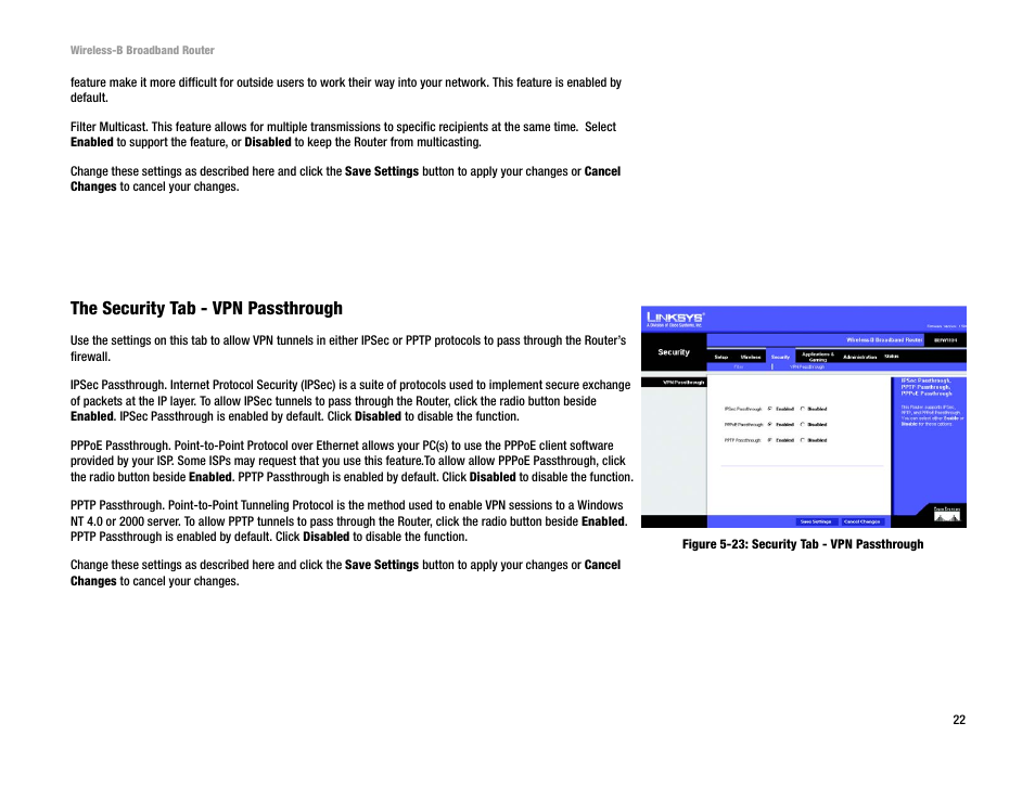 The security tab - vpn passthrough | Genius Products U.S.A. BEFW11S4 User Manual | Page 28 / 68