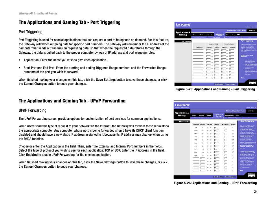 The applications and gaming tab - port triggering, The applications and gaming tab - upnp forwarding | Genius Products U.S.A. BEFW11S4 User Manual | Page 30 / 68