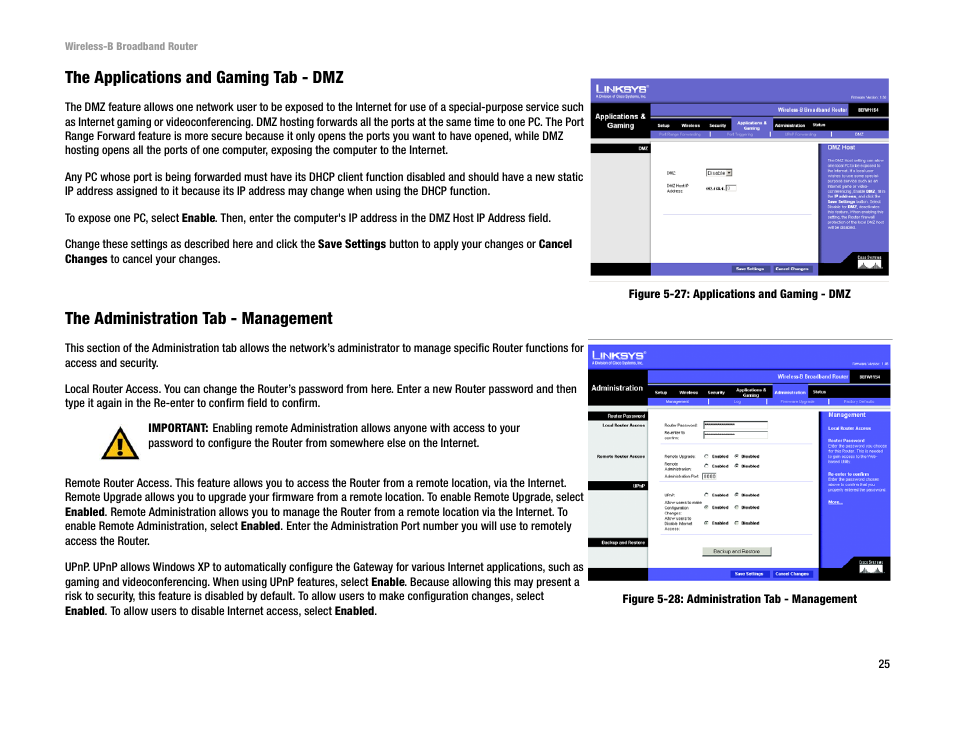 The applications and gaming tab - dmz, The administration tab - management | Genius Products U.S.A. BEFW11S4 User Manual | Page 31 / 68