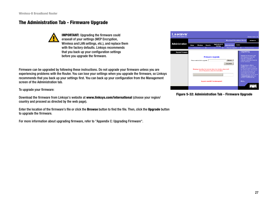 The administration tab - firmware upgrade | Genius Products U.S.A. BEFW11S4 User Manual | Page 33 / 68