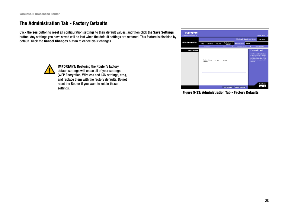 The administration tab - factory defaults | Genius Products U.S.A. BEFW11S4 User Manual | Page 34 / 68