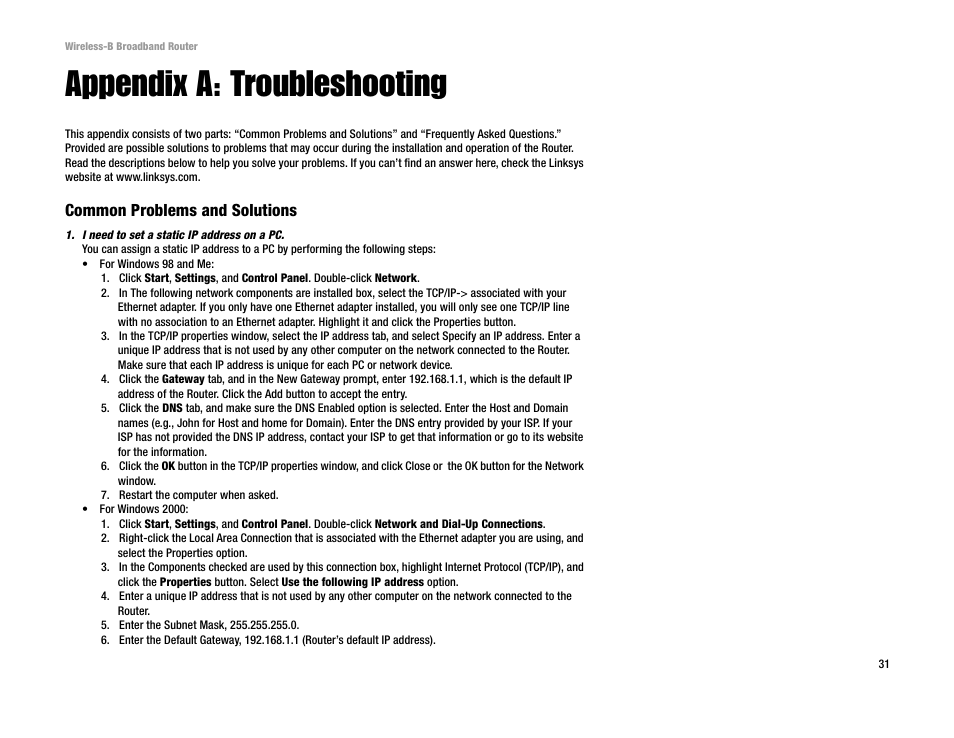 Appendix a: troubleshooting, Common problems and solutions | Genius Products U.S.A. BEFW11S4 User Manual | Page 37 / 68