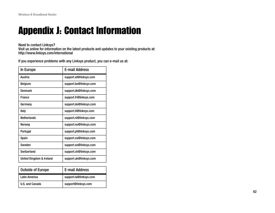 Appendix j: contact information | Genius Products U.S.A. BEFW11S4 User Manual | Page 68 / 68