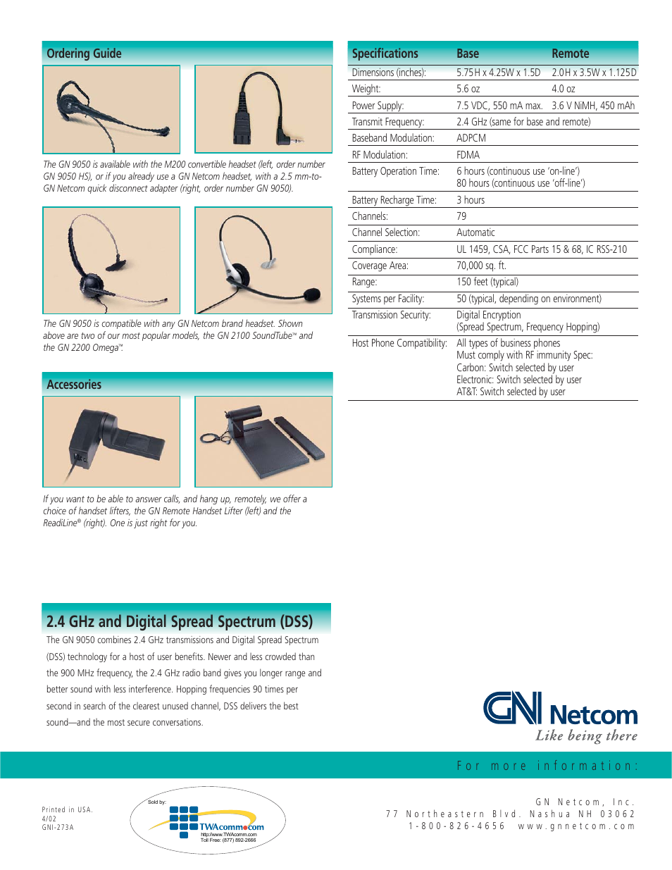 4 ghz and digital spread spectrum (dss), Speciﬁcations base remote, Ordering guide accessories | GN Netcom GN 9050 User Manual | Page 2 / 2