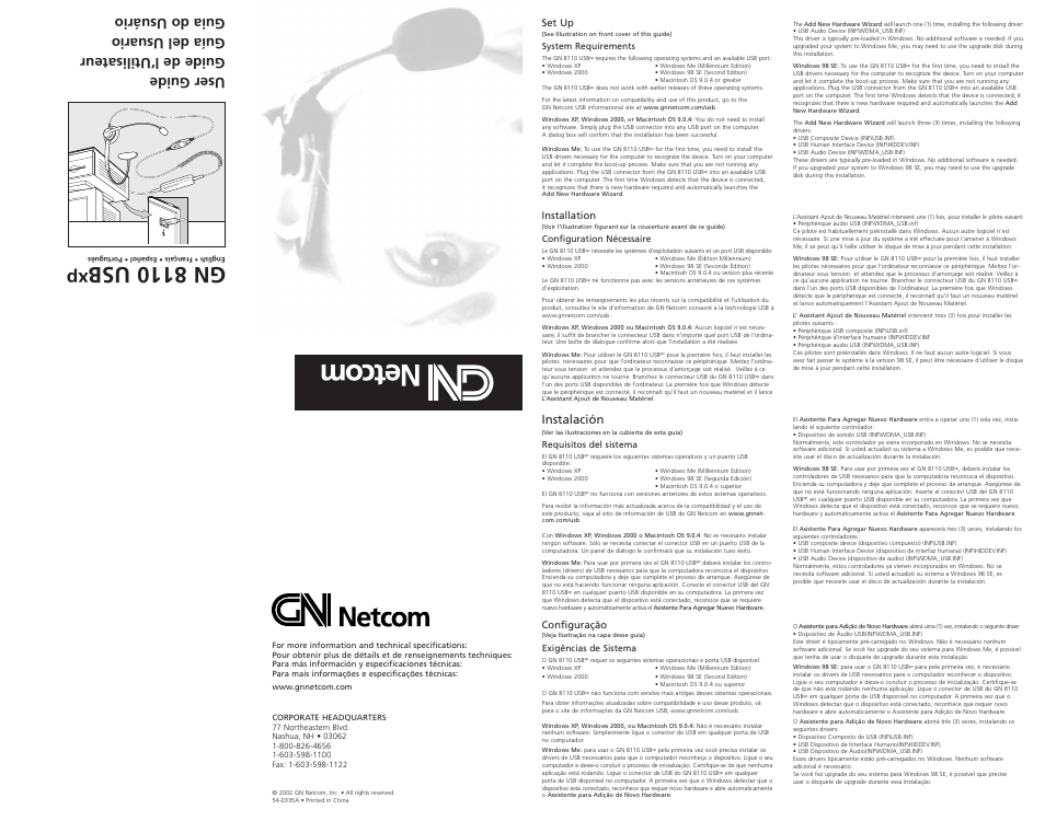Gn 8110 usb, Instalación, Set up | Installation, Configuração | GN Netcom GN 8110 User Manual | Page 10 / 10