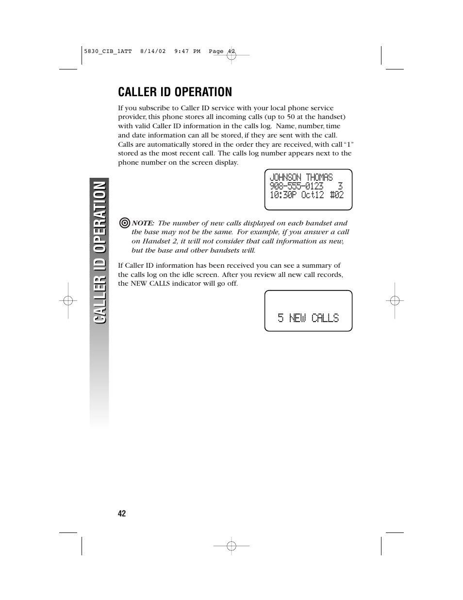 Caller id opera tion caller id opera tion, 5 new calls | GN Netcom 5830 User Manual | Page 45 / 67