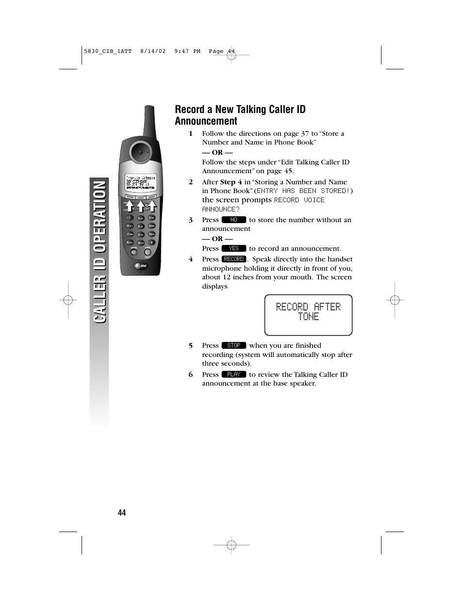 Caller id opera tion caller id opera tion, Record after tone | GN Netcom 5830 User Manual | Page 47 / 67