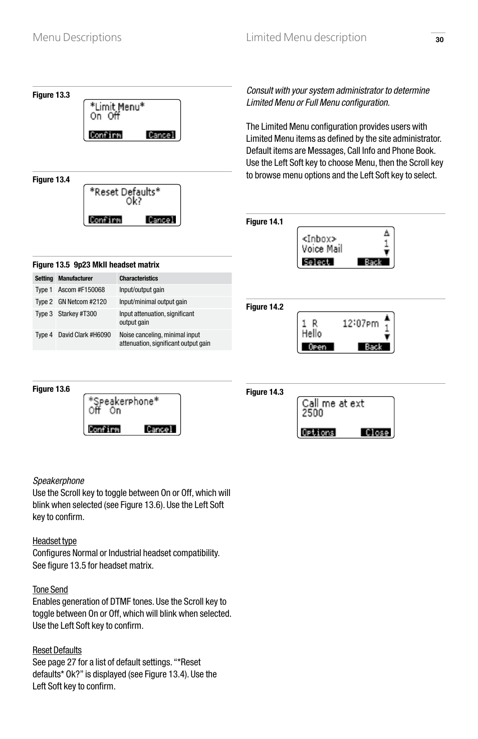 Menu descriptions, Limited menu description | GN Netcom 9p23 User Manual | Page 30 / 36