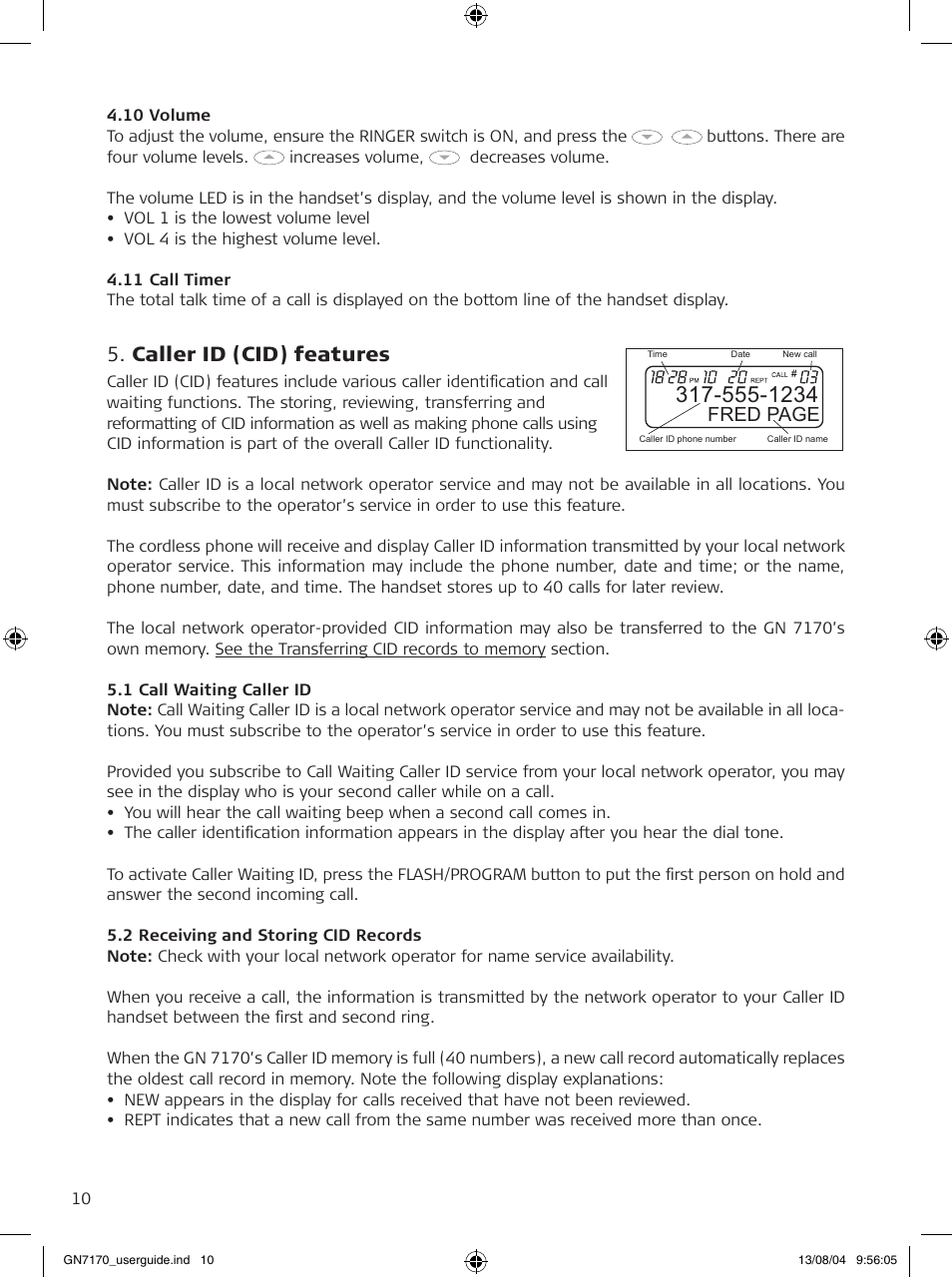 Caller id (cid) features, Fred page | GN Netcom GN7170 User Manual | Page 10 / 18