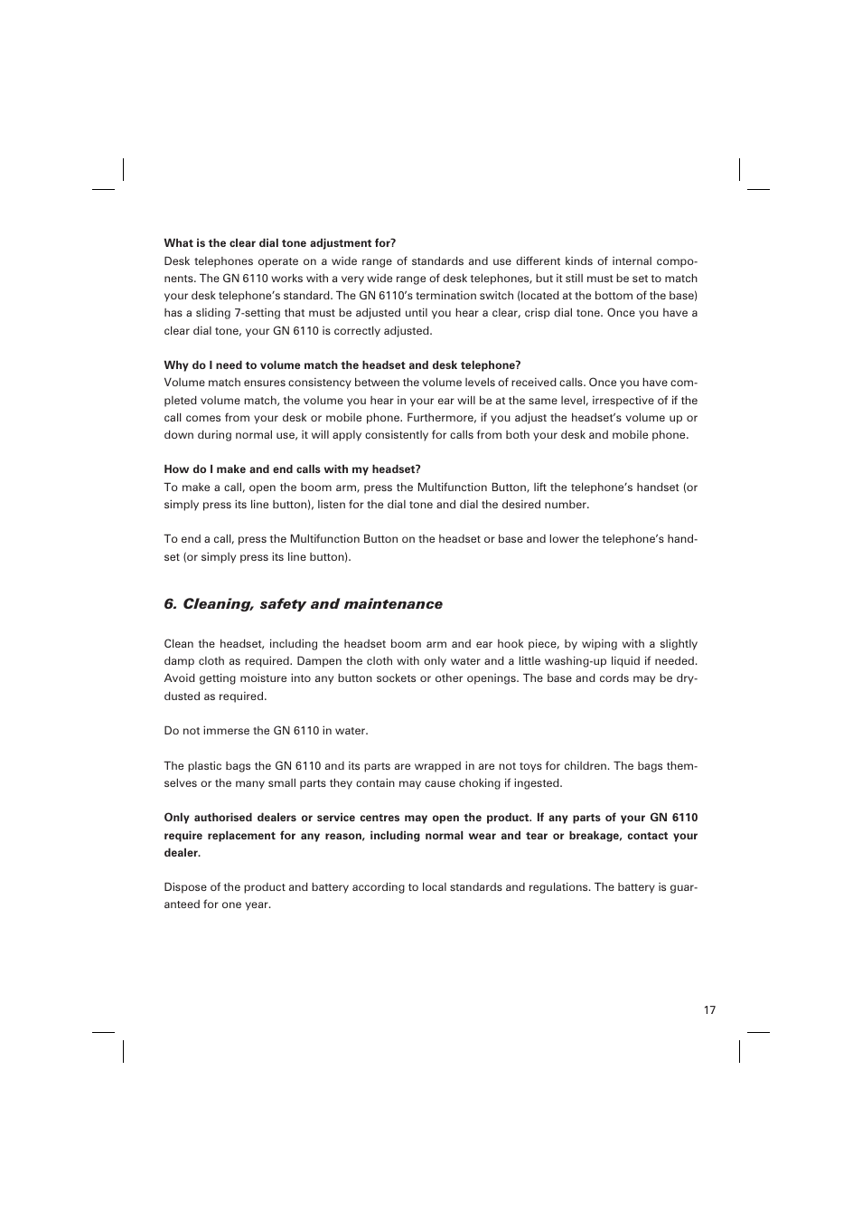 Cleaning, safety and maintenance | GN Netcom GN 6110 User Manual | Page 16 / 18