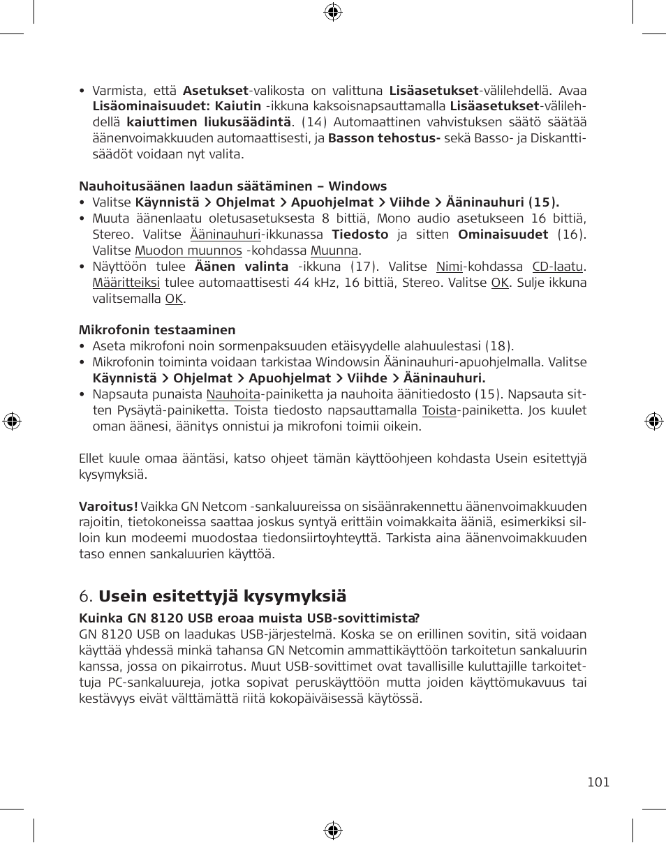 Usein esitettyjä kysymyksiä | GN Netcom GN 8120 User Manual | Page 101 / 103