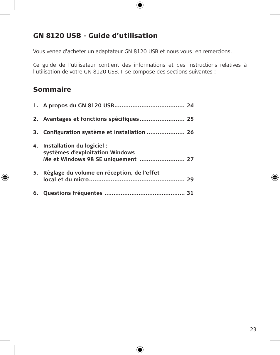 Gn 8120 usb - guide d’utilisation, Sommaire | GN Netcom GN 8120 User Manual | Page 23 / 103